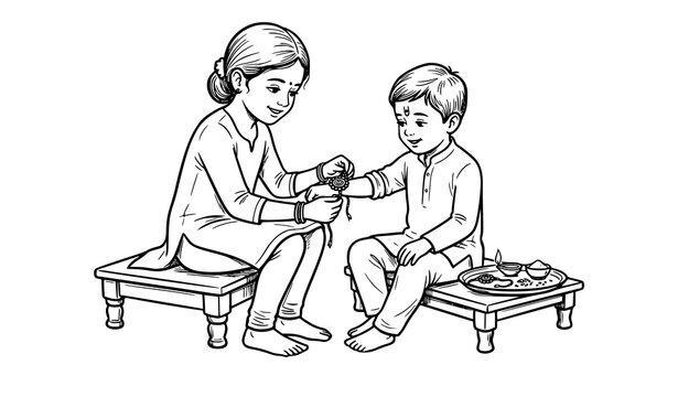 Indian Sister Tying Rakhi to Younger Brother on Raksha Bandhan Vector Illustration