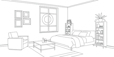 Fototapeta premium Modern bedroom interior line art with bed, armchair, bookshelves, window, rug, and minimalist residential decor