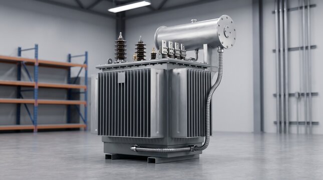 High-voltage power transformer unit displayed in industrial workshop with metallic studio background
