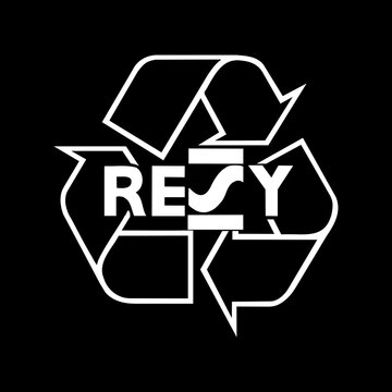 RESY Recycling Symbol, White Recycle Arrows with Text on Black Background