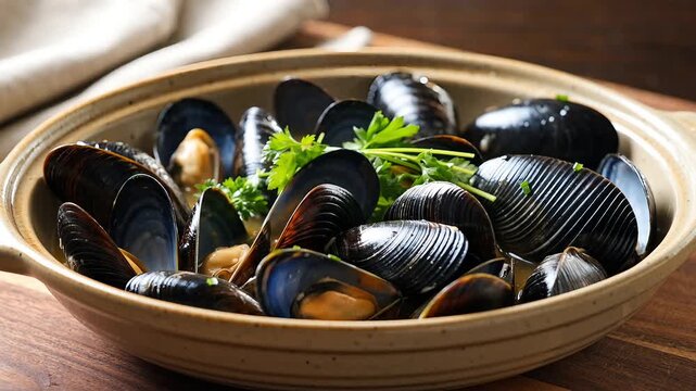 Freshly cooked mussels in shells garnished with parsley in ceramic pot