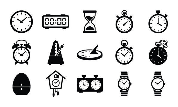 Collection of 15 Black and White Timekeeping Icons: Clocks, Watches, Timers, and Sundials for Concept Design