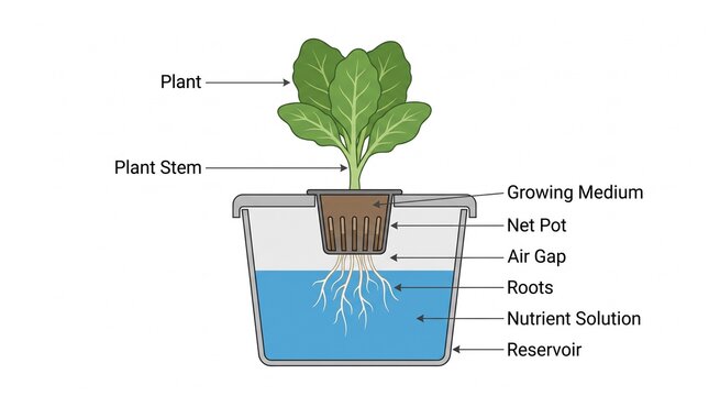 Detailed schematic of a hydroponic plant growth system showing roots in nutrient solution and essential structural components