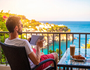 Fototapeta premium A man relaxes on a sundrenched balcony, using a tablet while overlooking a stunning Mediterranean coastline. This serene scene captures the perfect blend of digital productivity and luxury travel.