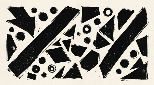 Black geometric shapes printed on textured off-white paper background