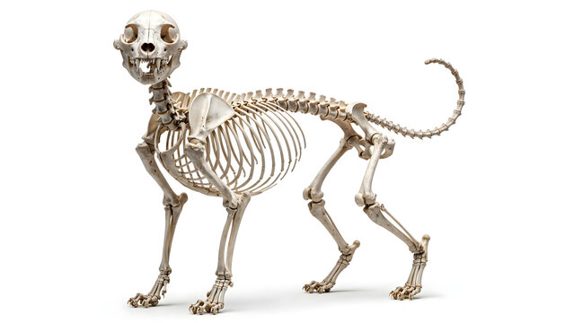 Dog Skeleton Isolated on White Background, Detailed Animal Skull and Bones Anatomy for Wildlife, Nature, Veterinary, Fossil and Educational Concepts