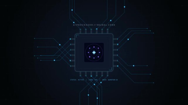 Computer microchip processor icon with glowing circuit lines on dark digital technology background
