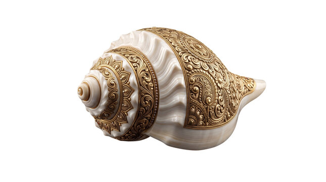 Sacred conch shell with ornate gold engravings isolated on transparent background