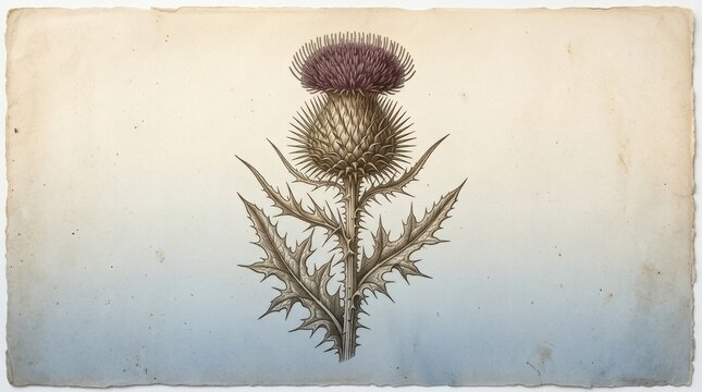 Vintage botanical thistle illustration, antique flower sketch on aged parchment paper, botanical wild thistle drawing
