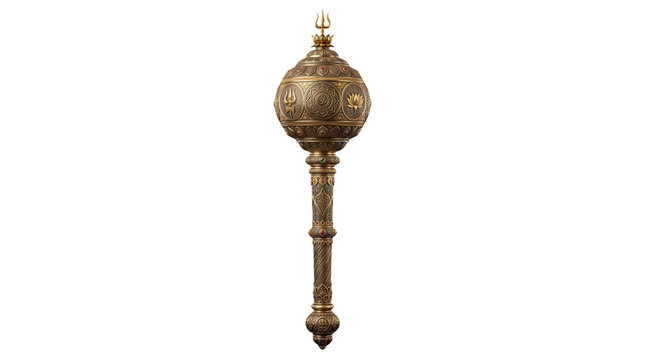 Ornate golden mace gada with intricate carvings isolated on transparent background