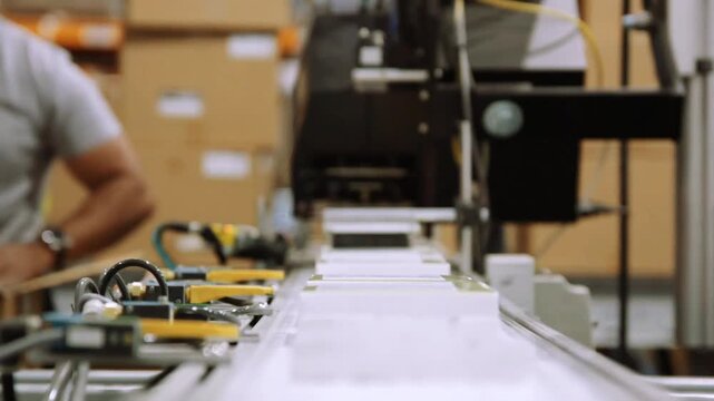 Conveyor moves past blurred supermarket checkout display with packaging boxes, orange price tags, and reflective metal shelves during retail checkout fast-paced motion