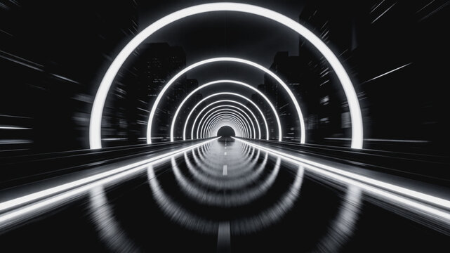 A monochrome futuristic tunnel lined with glowing circular neon rings, featuring a reflective road and distant city buildings at night, creating a sense of infinite depth.