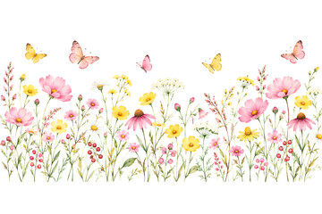 Fototapeta premium Watercolor illustration of a beautiful meadow border with colorful wildflowers and flying butterflies isolated on a clean white background design