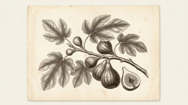 Vintage botanical fig print, antique fig branch illustration with leaves and ripe fruit, Sepia engraved nature art print