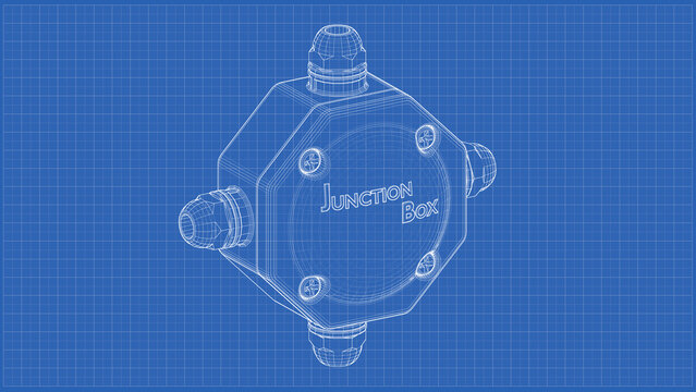 Wall Mount Junction Box - Surface Mount Electrical Enclosure. Engineering schematic Blueprint. 3D rendering isolated on blue background. Ideal for professionals, educational, engineering, industrial