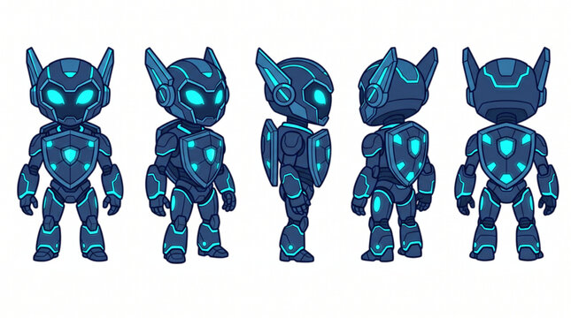 Cute Futuristic Blue Robot Cat Character Turnaround Illustration