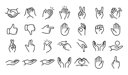 Fototapeta premium Hand drawn hand gesture icon collection featuring signs, symbols, pointing, approval and communication gestures