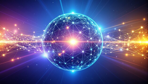Natural Language Processing Engine Visualized as Floating Global Semantic Sphere in Geometric Vector Style