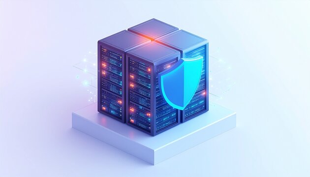 AI Cyber Security Hexagonal Shield Deflecting Digital Malware Threats and Protecting Cloud Server in Vector Style