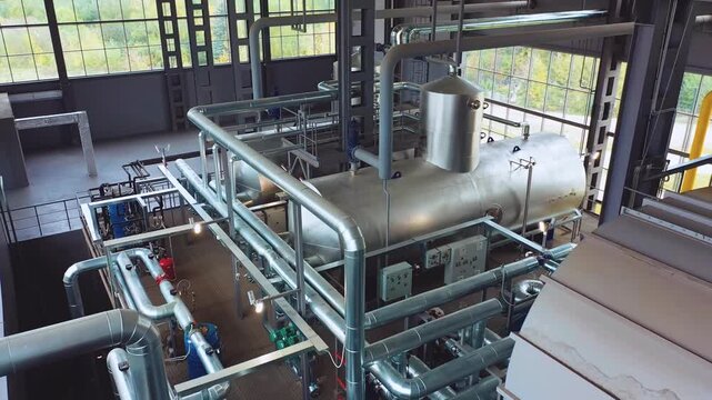 Mezzanine viewpoint over large stainless steel pressure vessel with insulated pipe network and grated service walkways inside spacious industrial facility interior