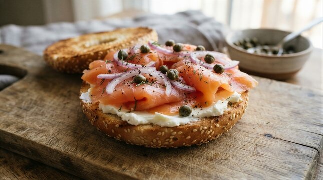 Smoked salmon bagel topped with cream cheese on wooden board
