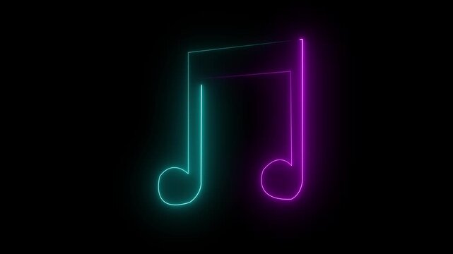 Glowing neon line musical note icon on black background. Music symbol neon color reveal and glowing loop effect animation 4k motion video.