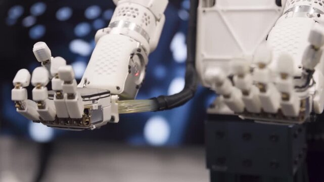 Two white robotic hands with metal grippers reach from opposite sides toward shared target in industrial automation laboratory with blurred blue background