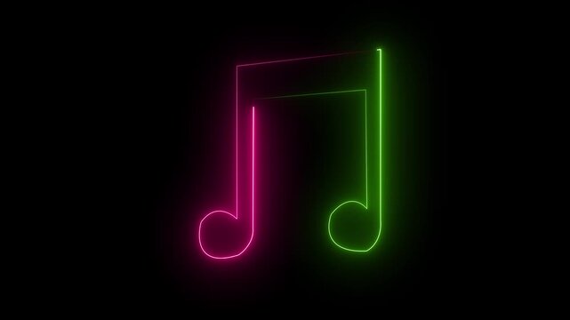 Glowing neon line musical note icon on black background. Music symbol neon color reveal and glowing loop effect animation 4k motion video.