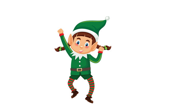Cute Cheerful Christmas Elf Girl Dancing Isolated Vector Graphic