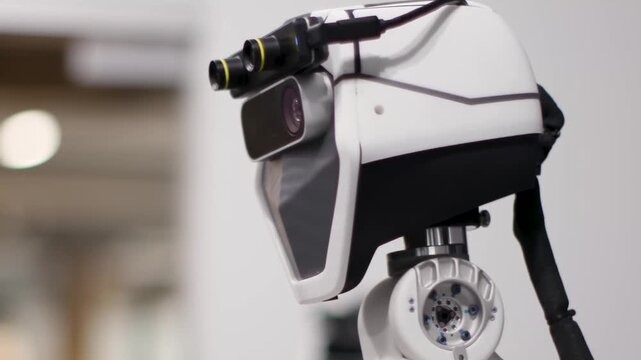 Close frontal portrait of white humanoid service robot, hexagonal faceplate with dark sensor window, central camera aperture, twin stereo sensors, and neck joint under focused spotlight with bokeh.