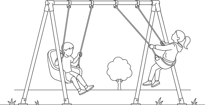 Children Playing on Outdoor Swing Set Line Art Illustration for Playground Activities and Coloring Book Design