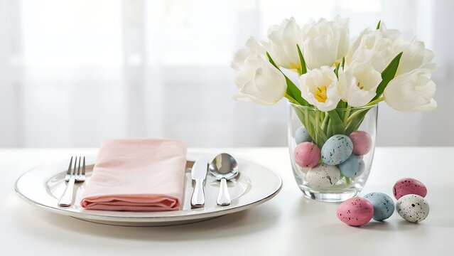 White tulips in a glass vase filled with colorful speckled easter eggs on a table with plate and cutlery setting