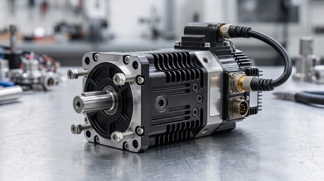 Industrial servo motor with wiring harness mounted on metal surface in workshop setting