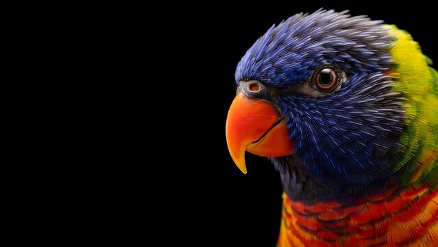 Detailed macro shot of a rainbow lorikeet head showing colorful feathers and orange beak on black background