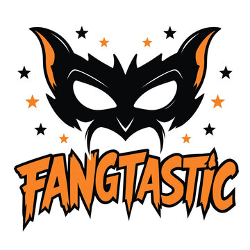 Fangtastic lettering with black bat mask illustration for halloween party spooky design holiday graphic halloween text seasonal typography trick or treat orange and black decorative lett