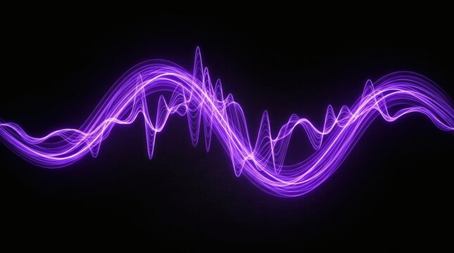 Purple sound wave frequency on black background, glowing neon audio signal visualization, abstract digital music equalizer pulse