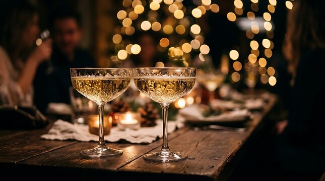 Two elegant crystal champagne glasses on a wooden table with festive golden bokeh lights in a dark cozy evening room