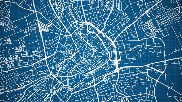 Ink reveal animation of Erfurt city, state of Thuringia, Germany, grid map. Aerial top view. Blueprint style. White lines with blue background. 4K Seamless loop.