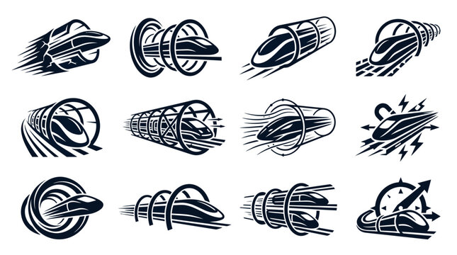 High-speed train icons representing futuristic transportation and hyperloop technology are displayed in a clean grid.