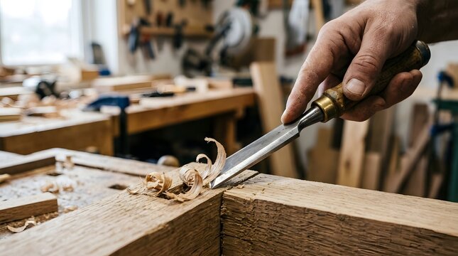 Close up of a professional carpenter's hand using a sharp steel wood chisel to carve a timber joint in a traditional woodworking workshop, creating spiral wood shavings and showing craftsmanship.