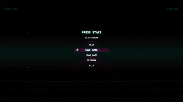 Retro arcade video game menu with synthwave grid background animation