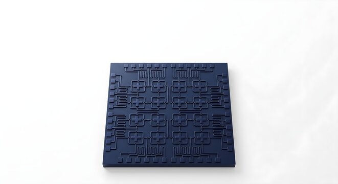 3D minimal deep navy superconducting qubit microchip on white background