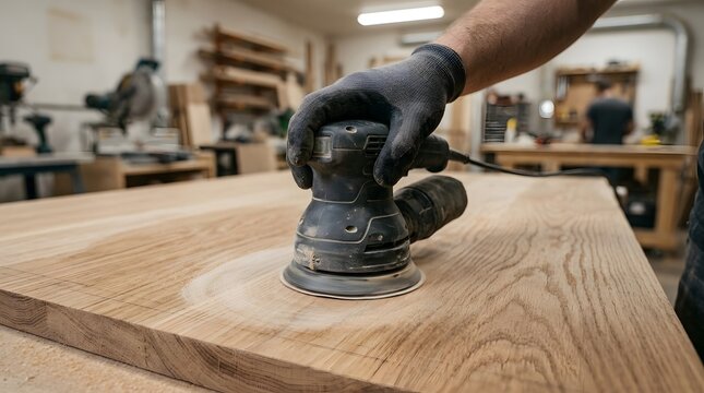 Close up of a carpenter's hand in a protective glove using an electric random orbital sander to polish and smooth a large wooden plank in a professional woodworking workshop or garage