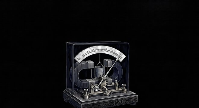 Scratchboard engraving style antique galvanometer on solid black background