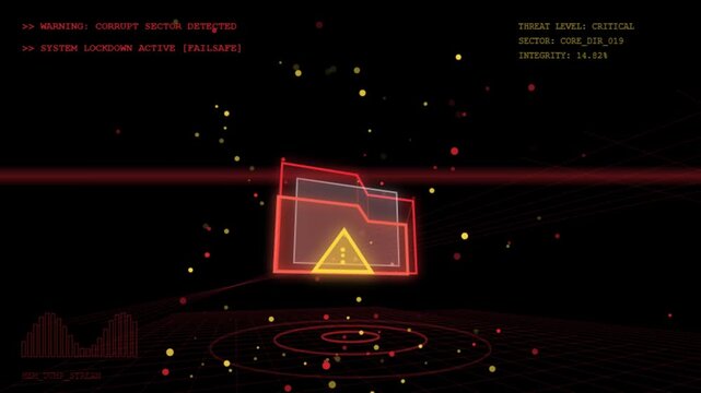 Cyber attack corrupted folder warning data breach HUD background