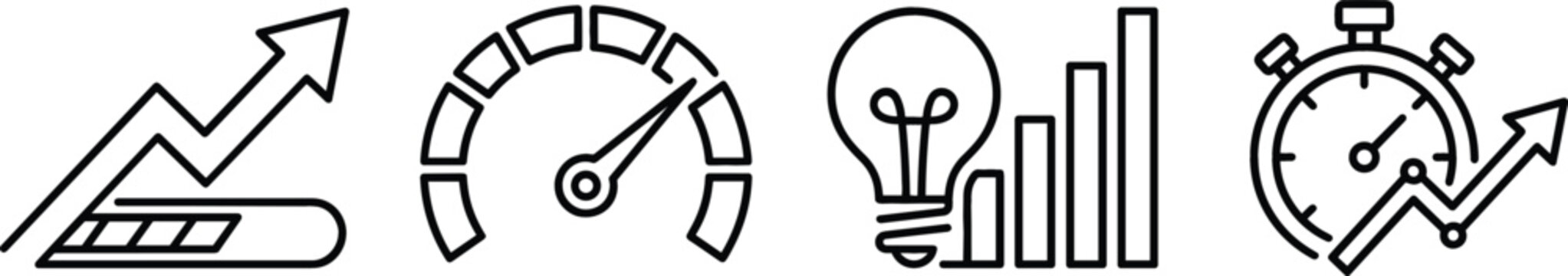 Business productivity and performance optimization icon vector set with financial growth charts speedometer stopwatch and creative idea lightbulb.