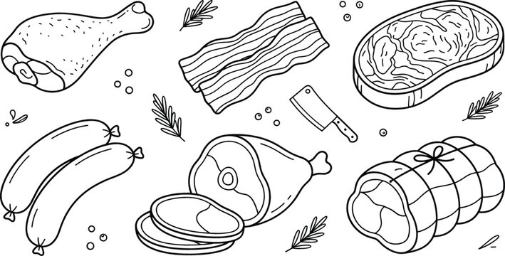 Butcher meat line art vector elements set featuring chicken leg bacon steak sausage ham cleaver and culinary herbs
