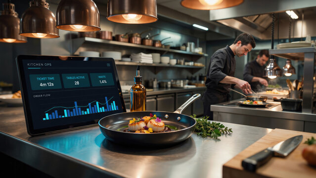 Digital tablet displaying restaurant operations analytics next to a pan of seared scallops in a professional kitchen with restaurant performance metrics tablet displays