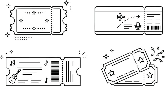 Event ticket line art vector icons set featuring flight boarding pass concert admission voucher and movie raffle stubs