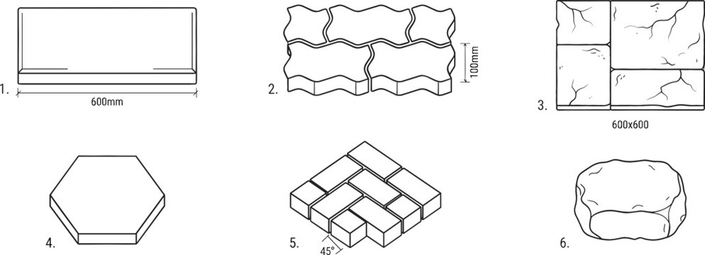 Landscaping paving stone vector icons set showing interlocking brick blocks hexagonal tiles flagstone patterns and construction dimension measurements